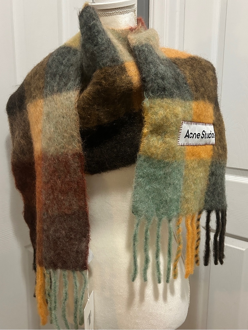 Acne Studios Scarf Vally Plaid Alpaca Wool Mohair Brown Multi Color Fringed NWT
